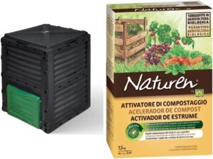 VOUNOT Compostiera da Giardino, 300L Composter da Esterno, Nero e Verde & Attivatore Di Compostaggio 