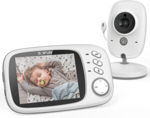 BOIFUN Baby Monitor, Videocamera schermo da 3.2 '' 750mAh Supporto batteria ricaricabile VOX Visione notturna Visione di temperatura 8 ninne nanne