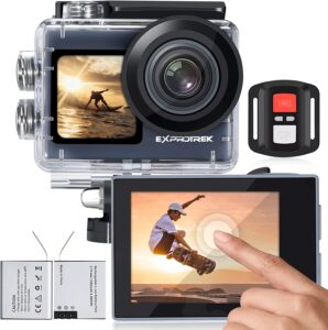 Exprotrek Action Camera 4K con touch screen, angolo di visione regolabile EIS, fotocamera subacquea impermeabile da 40 m